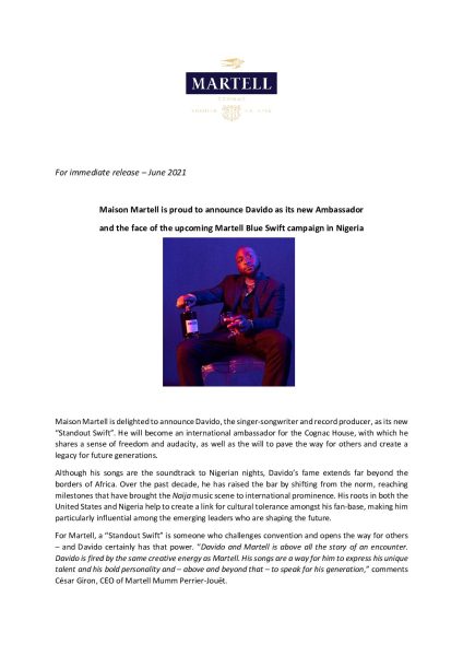 Press Release Maison Martell collaboration with Davido